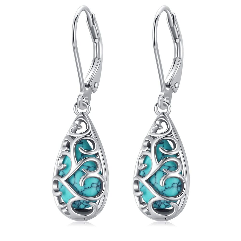 Filigree Genuine Turquoise Teardrop Leverback Earrings Sterling Silver
